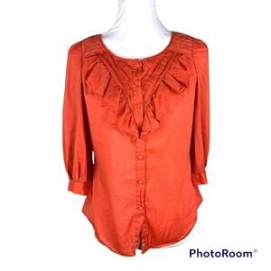 Anthropologie Maeve Size 2 blouse ¾ sleeve button-up orange ruffle shirt